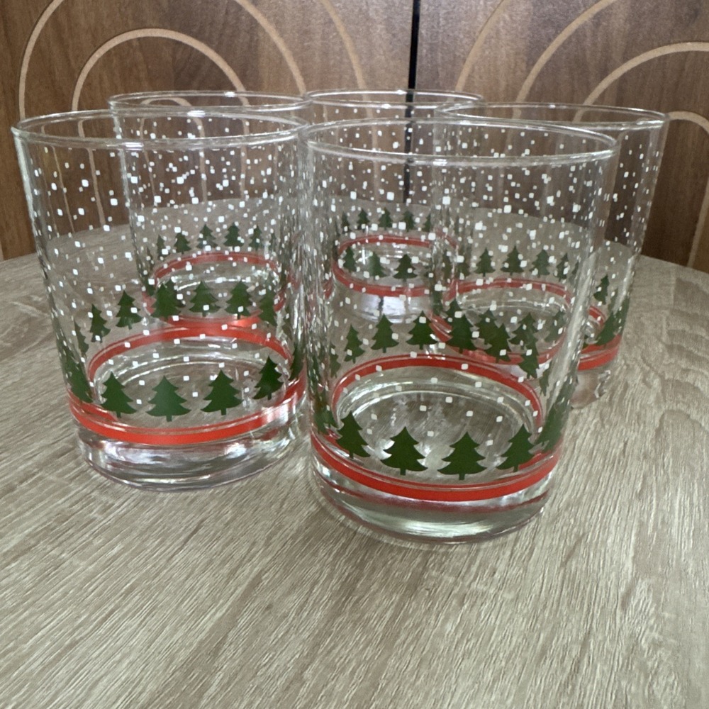 5 Vintage Libbey Christmas tree snow dots double old fashioned glass tumblers